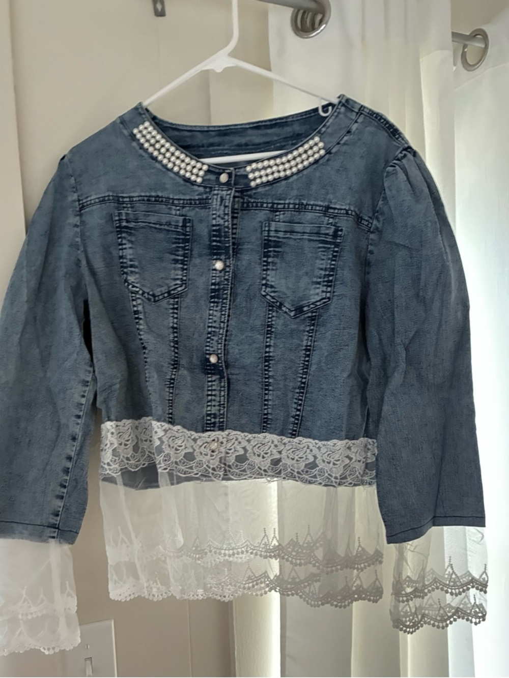 Women's Blue Pearl-Trim Denim Jacket with Lace Hem